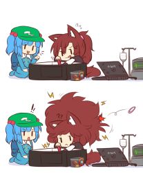 Rule 34 | !, !!, 2girls, 2koma, :&lt;, :d, ;q, ?, ??, alternate hairstyle, amd, animal ear fluff, animal ears, asus, backpack, bag, big hair, blue footwear, blue hair, blue jacket, blue skirt, box, broken, brown hair, cabbie hat, comic, commentary, computer, computer building, dress, electrocution, english commentary, green headwear, hair bobbles, hair ornament, hair tie, hand up, hat, imaizumi kagerou, intravenous drip, jacket, kawashiro nitori, key, laptop, long hair, monitor, multiple girls, multiple views, one eye closed, open mouth, pointing, ponytail, shoes, simple background, sitting, skirt, smile, static electricity, tail, tongue, tongue out, touhou, two side up, wariza, white background, white dress, wolf ears, wolf tail, wool (miwol), you&#039;re doing it wrong, | |