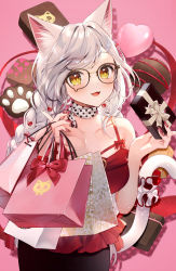 Rule 34 | 1girl, :d, animal ear fluff, animal ears, bag, bare shoulders, black-framed eyewear, black skirt, box, braid, breasts, brown eyes, camisole, cat ears, cat girl, cat tail, chocolate, collarbone, commentary request, fangs, fingernails, gift, gift box, glasses, heart, heart background, highres, holding, holding bag, holding gift, long fingernails, long hair, looking at viewer, medium breasts, momoshiki tsubaki, nail art, nail polish, open mouth, original, paper bag, pink background, red camisole, red nails, silver hair, skirt, smile, solo, tail, tail raised, twin braids, valentine, very long hair
