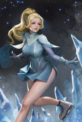 Rule 34 | 1girl, blonde hair, blue eyes, breasts, capelet, fur trim, gloves, ice, ice skates, kolin, long hair, looking to the side, parted lips, phamoz, skates, smile, solo, street fighter, street fighter v