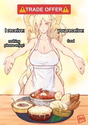 Rule 34 | 1girl, absurdres, apron, blonde hair, bowl, breasts, cleavage, cowboy shot, elder dragon, english text, eyes visible through hair, food, highres, horns, jewelry, kulve taroth, large breasts, long hair, mature female, meme, monster hunter, monster hunter: world, monster hunter (series), naked apron, ring, smile, solo, soup, trade offer (meme), very long hair, white apron, yamanata, yellow background, yellow eyes