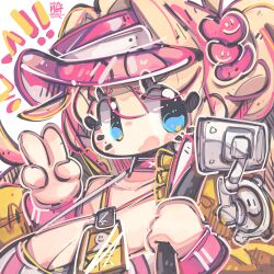Rule 34 | 1girl, :d, bag, blonde hair, blue eyes, breasts, cellphone, chibi, cleavage, goddess of victory: nikke, holding, id card, jacket, jrpencil, large breasts, liveryn (nikke), long hair, multicolored hair, navel, open mouth, pants, phone, pink hair, pink pants, shoes, side ponytail, smartphone, smile, sneakers, solo, sports bra, streaked hair, v, visor cap, white pants, yellow jacket, yoga pants