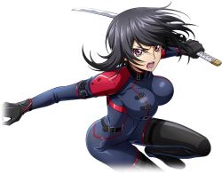 Rule 34 | 1girl, arms up, artist request, black footwear, black gloves, black hair, blue bodysuit, bodysuit, boots, breasts, code geass, code geass: lost stories, covered collarbone, covered navel, cropped legs, female focus, fighting stance, game cg, gloves, holding, holding sword, holding weapon, katana, kousaka ayano, large breasts, leg up, looking at viewer, medium hair, non-web source, official art, open mouth, outstretched arms, pink eyes, reverse grip, sidelocks, simple background, solo, standing, standing on one leg, sword, teeth, thigh boots, tongue, transparent background, v-shaped eyebrows, weapon
