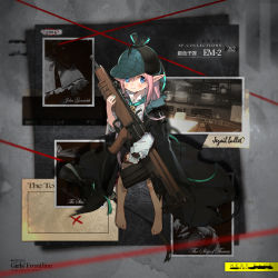 Rule 34 | 1girl, aged down, aqua headwear, aqua nails, assault rifle, barefoot, birmingham small arms company, black coat, blue eyes, blush, brown shorts, bullpup, chambons tool, character name, closed mouth, coat, coat on shoulders, commentary request, copyright name, em-2, em-2 (girls&#039; frontline), em-2 (silver bullet) (girls&#039; frontline), girls&#039; frontline, gun, highres, holding, holding weapon, kinoshita neko, long branch arsenal, long hair, looking at viewer, nail polish, no shoes, official alternate costume, official art, pink hair, pointy ears, prototype design, rifle, royal small arms factory, shirt, shorts, solo, standing, tears, weapon, white shirt