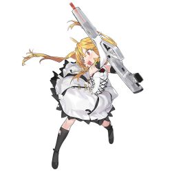 Rule 34 | 1girl, aged down, assault rifle, birdcage flash hider, blonde hair, blush, bullpup, burst fire gun, burst fire rifle, double-stack magazine, double-stack single-feed magazine, dress, elbow gloves, full body, girls&#039; frontline, gloves, gun, hair ribbon, highres, long gun, long hair, lu yin, magazine (weapon), muzzle device, needlegun, official alternate costume, official art, open mouth, personification, pink eyes, prototype design, ribbon, rifle, s-acr (girls&#039; frontline), s-acr (wind-chasing witch) (girls&#039; frontline), see-through, single-feed magazine, solo, standing, steyr acr, steyr arms, steyr mannlicher, torn clothes, torn dress, translucent, weapon, white dress, white gloves