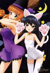 Rule 34 | 10s, 2girls, :d, :o, absurdres, animal ears, animal hands, bell, black hair, breasts, broom, brown eyes, cat ears, cat paws, cat tail, choker, frills, girls und panzer, gloves, halloween, hat, highres, jack-o&#039;-lantern, jingle bell, long hair, megami magazine, moon, multiple girls, non-web source, official art, open mouth, orange hair, paw gloves, reizei mako, small breasts, smile, star (symbol), tail, takebe saori, thighhighs, white legwear, witch hat, yoshida nobuyoshi