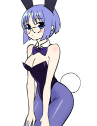 Rule 34 | 1girl, animal ears, bare arms, bare shoulders, blue bow, blue bowtie, blue eyes, blue hair, blue leotard, blue pantyhose, blush, bow, bowtie, breasts, cleavage, cowboy shot, detached collar, fake animal ears, glasses, leotard, looking at viewer, medium breasts, original, pantyhose, parted lips, playboy bunny, rabbit ears, rabbit girl, short hair, simple background, solo, sookmo, standing, white background, wing collar