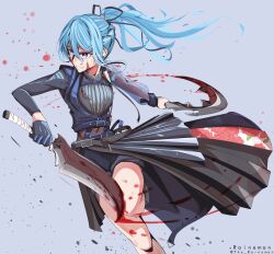 Rule 34 | 1girl, absurdres, blood, blood on clothes, blood on face, blood splatter, blood stain, bloody weapon, blue eyes, blue hair, dagger, gloves, grey background, hair between eyes, highres, holding, holding dagger, holding knife, holding weapon, hololive, hoshimachi suisei, knife, long hair, open mouth, scythe, side ponytail, solo, the raineman, virtual youtuber, weapon
