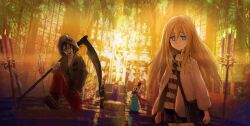 Rule 34 | 2girls, 3boys, blonde hair, blue eyes, candle, cathy (satsuriku no tenshi), church, cityscape, closed mouth, danny (satsuriku no tenshi), hair between eyes, highres, hood, indoors, isaac foster, long hair, long sleeves, looking at viewer, multiple boys, multiple girls, rachel gardner, satsuriku no tenshi, scenery, shorts, sickle, sunset