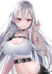Rule 34 | 1girl, azur lane, bandaged arm, bandages, bare shoulders, black choker, black pants, breasts, buckle, choker, cleavage, commentary request, crop top, groin, hair between eyes, hand up, highres, large breasts, lens flare, long hair, looking at viewer, midriff, nagi aoi, navel, no mole, pants, red eyes, silver hair, simple background, single sidelock, smile, snap-fit buckle, solo, sovetskaya rossiya (azur lane), sovetskaya rossiya (the lackadaisical lookout) (azur lane), tank top, taut clothes, underbust, upper body, very long hair, white background, white tank top