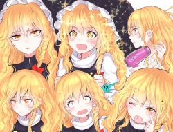 Rule 34 | !?, ;p, bad id, bad pixiv id, black headwear, blonde hair, blush, bow, braid, commentary request, hair between eyes, hair bow, hair dryer, hat, head tilt, highres, kirisame marisa, long hair, looking at viewer, one eye closed, open mouth, parted lips, portrait, profile, red bow, rosette (roze-ko), side braid, simple background, smile, sparkle, sweatdrop, tongue, tongue out, touhou, turtleneck, white background, witch hat, yellow eyes