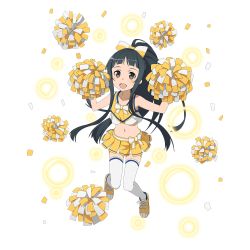 Rule 34 | 1girl, armpits, black eyes, black hair, blunt bangs, cheerleader, confetti, crop top, full body, highres, long hair, midriff, navel, official art, open mouth, pom pom (cheerleading), shoes, sidelocks, sleeveless, sneakers, solo, sword art online, thighhighs, too many, transparent background, white thighhighs, yui (sao)
