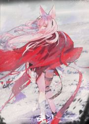 Rule 34 | 1girl, absurdres, animal ears, arknights, cape, covered mouth, feet out of frame, floating hair, from behind, grey sky, hair between eyes, hair ornament, hair over mouth, highres, long hair, looking at viewer, looking back, loopkya, outdoors, pink hair, pozyomka (arknights), red cape, red eyes, sky, snow, solo, wolf ears, wolf girl