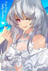 Rule 34 | 1girl, ;q, beach, bikini, blue sky, breasts, character name, commentary, day, english text, fate/grand order, fate/prototype, fate (series), finger heart, frilled bikini, frilled swimsuit, frills, grey hair, heart, highres, lady avalon (fate), lady avalon (second ascension) (fate), long hair, looking at viewer, mashugure, medium breasts, merlin (fate/prototype), ocean, one eye closed, outdoors, pink eyes, sand, sky, smile, solo, swimsuit, tongue, tongue out, upper body, water, white bikini