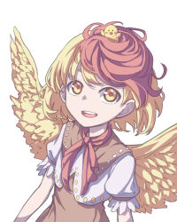 Rule 34 | 1girl, absurdres, animal, animal on head, bird, bird on head, bird wings, blonde hair, chick, dress, eyebrows hidden by hair, feathered wings, highres, kame (kamepan44231), looking at viewer, multicolored hair, niwatari kutaka, on head, one-hour drawing challenge, open mouth, orange dress, red hair, red neckwear, short hair, short sleeves, simple background, smile, solo, touhou, two-tone hair, upper body, white background, wings, yellow eyes, yellow wings