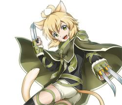 Rule 34 | 1girl, :d, animal ears, antenna hair, argo the rat, black gloves, blonde hair, cat ears, cat tail, facial mark, fingerless gloves, gloves, green eyes, looking at viewer, open mouth, short hair, short shorts, shorts, smile, solo, sword art online, tail, thighhighs, transparent background, whisker markings, white shorts