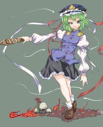 Rule 34 | 1girl, bad id, bad pixiv id, female focus, flower, green eyes, green hair, hat, inuwi (yokose y), matching hair/eyes, outstretched arm, rod of remorse, shiki eiki, shirt, skirt, skull, solo, spider lily, touhou