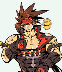 Rule 34 | 1boy, belt buckle, blue background, brown hair, buckle, fingerless gloves, gairen, gloves, guilty gear, headgear, large pectorals, male focus, muscular, pectorals, simple background, smile, sol badguy, solo, speech bubble, spiked hair, thumbs up, upper body, yellow eyes