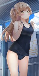 Rule 34 | 1girl, absurdres, blue one-piece swimsuit, blush, bow, breasts, brown hair, cameltoe, commentary request, corrugated galvanized iron sheet, covered navel, crotch seam, day, hair bow, hanabe (airutu0830 1), hands up, highres, long hair, looking at viewer, medium breasts, nervous smile, old school swimsuit, one-piece swimsuit, one side up, original, outdoors, school swimsuit, shade, sidelocks, smile, solo, standing, strap lift, sunlight, swimsuit, towel, wavy mouth, yellow eyes