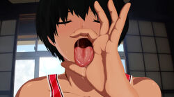 Rule 34 | 1boy, architecture, black hair, blush, c3 piyo, closed eyes, collarbone, commentary request, dark-skinned male, dark skin, drooling, east asian architecture, fellatio gesture, hand up, highres, ikezawa kazuma, implied fellatio, indoors, male focus, open mouth, portrait, red tank top, saliva, saliva trail, short hair, shouji, sliding doors, solo, summer wars, tank top, tongue, tongue out, variant set, window, yaoi