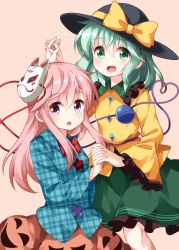 Rule 34 | 2girls, beige background, black hat, blue shirt, blush, bow, bowtie, commentary request, feet out of frame, frilled shirt collar, frilled sleeves, frills, green eyes, green hair, green skirt, hair between eyes, hand up, hat, hat bow, hata no kokoro, heart, heart of string, highres, holding hands, interlocked fingers, komeiji koishi, long hair, long sleeves, looking at viewer, mask, mask on head, multiple girls, open mouth, petticoat, pink eyes, pink hair, pink skirt, plaid, plaid shirt, red bow, red neckwear, ruu (tksymkw), shirt, short hair, sidelocks, simple background, skirt, smile, star (symbol), third eye, touhou, unmoving pattern, wide sleeves, x, yellow bow, yellow shirt