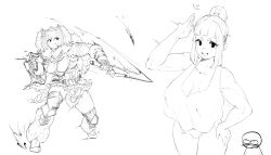 Rule 34 | 1boy, 1girl, absurdres, ahoge, armor, bad link, banbaro (armor), barbarian, blunt bangs, blush, boots, braid, breasts, cleavage, clenched hand, collarbone, covered erect nipples, fake horns, fingerless gloves, fur-trimmed armor, fur trim, gloves, greyscale, hand on own hip, highres, holding, holding shield, holding sword, holding weapon, horns, kida eve, large breasts, looking at another, looking at viewer, mole, mole on breast, monochrome, monster hunter (character), monster hunter (series), multiple views, muscular, muscular female, ponytail, salute, shield, short eyebrows, sidelocks, sketch, smile, sweat, swinging, sword, tank top, thick thighs, thigh boots, thighs, weapon
