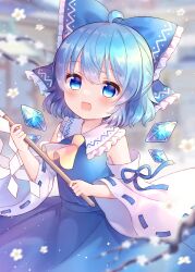 Rule 34 | 1girl, ascot, bare shoulders, blue bow, blue eyes, blue hair, blue ribbon, blue skirt, blush, bow, cherry blossoms, cirno, coa (chroo x), commentary request, cosplay, detached sleeves, detached wings, dot nose, fairy, frilled bow, frilled shirt collar, frills, gohei, hair between eyes, hair bow, hakurei reimu, hakurei reimu (cosplay), highres, holding, ice, ice wings, japanese clothes, looking at viewer, medium hair, nontraditional miko, open mouth, partial commentary, ribbon, ribbon-trimmed sleeves, ribbon trim, short hair, skirt, smile, solo, standing, touhou, upper body, wide sleeves, wings, yellow ascot