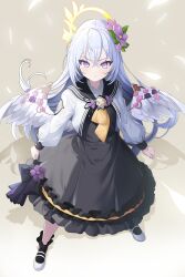 Rule 34 | 1girl, angel wings, azusa (blue archive), black dress, black socks, blue archive, blush, closed mouth, commentary request, dress, feathered wings, flower, full body, grey background, hair flower, hair ornament, halo, highres, jacket, koflif, long hair, long sleeves, looking at viewer, open clothes, open jacket, pink eyes, pink flower, purple flower, shoes, socks, solo, standing, white footwear, white hair, white jacket, white wings, wings, yellow halo