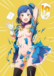 Rule 34 | 10s, 1girl, blue hair, blush, breasts, convenient censoring, exploding clothes, idolmaster, idolmaster million live!, kabayaki unagi, looking at viewer, nanao yuriko, open mouth, p-head producer, producer (idolmaster), short hair, smile, solo, thighhighs, torn clothes, yellow eyes