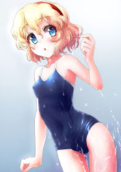 Rule 34 | 1girl, alice margatroid, blonde hair, blue eyes, blue one-piece swimsuit, competition school swimsuit, covered erect nipples, cowboy shot, flat chest, gluteal fold, gradient background, grey background, hairband, highres, ikamagu, looking at viewer, one-piece swimsuit, open mouth, red hairband, school swimsuit, short hair, solo, swimsuit, thigh gap, thighs, touhou, wavy hair, wet
