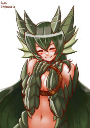 Rule 34 | 10s, 1girl, 2014, animal hands, blush, breasts, claws, cleavage, closed eyes, collar, dated, fins, green hair, head fins, horns, lamia, long hair, lutherniel, medium breasts, monster girl, monster girl encyclopedia, navel, nude, scales, signature, simple background, smile, solo, upper body, very long hair, white background, wurm (monster girl encyclopedia)