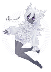 Rule 34 | barefoot, black sclera, black skin, bow, character name, colored sclera, colored skin, creatures (company), cursola, frilled shirt, frills, full body, game freak, gen 8 pokemon, hair between eyes, horns, long hair, long sleeves, migenyaaan, nail polish, nintendo, personification, pokedex number, pokemon, puffy long sleeves, puffy sleeves, purple eyes, shirt, shorts, simple background, white background, white bow, white hair, white horns, white nails, white shorts