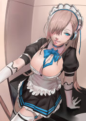 Rule 34 | 1girl, apron, asuna (blue archive), black dress, blazpu, blue archive, blue eyes, blush, breasts, choker, cleavage, dress, elbow gloves, gloves, grin, hair over one eye, headset, highres, large breasts, light brown hair, long hair, looking at viewer, maid headdress, mole, mole on breast, neck ribbon, puffy short sleeves, puffy sleeves, ribbon, short sleeves, smile, solo, thighhighs, thighs, white apron, white gloves, white thighhighs