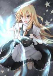 Rule 34 | 1girl, apron, bad id, bad pixiv id, blonde hair, charging (attack), clenched hand, commentary request, d:, d:&lt;, danmaku, dress, highres, kirisame marisa, long hair, looking at viewer, master spark, mini-hakkero, no headwear, open mouth, powering up, puffy short sleeves, puffy sleeves, running, short sleeves, sky, solo, star (sky), star (symbol), starry background, starry sky, touhou, v-shaped eyebrows, very long hair, vest, waist apron, yellow eyes, yuki (snowmaiden)