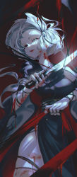 Rule 34 | 1girl, absurdres, black kimono, black nails, blood, blood on arm, blood on face, blood on leg, cowboy shot, grey eyes, grey hair, heterochromia, highres, holding, holding sword, holding weapon, japanese clothes, kimono, looking at viewer, nail polish, noubin, original, parted lips, red eyes, short hair, solo, standing, sword, weapon