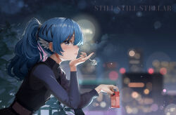Rule 34 | 1girl, absurdres, apple juice, blue eyes, blue hair, blurry, blurry background, candy, cityscape, food, gum shrew, highres, hololive, hoshimachi suisei, hoshimachi suisei (shout in crisis), juice, juice box, lollipop, long hair, long sleeves, looking at viewer, looking to the side, night, official alternate costume, official alternate hairstyle, ponytail, profile, solo, star (symbol), star in eye, symbol in eye, upper body, virtual youtuber