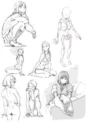 1girl anatomy ass bikini bone bra collage cropped_legs feet greyscale highres lineart long_hair looking_at_viewer monochrome norakura_(nr_kura) nude original panties short_hair sitting sketch squatting swimsuit underwear wariza