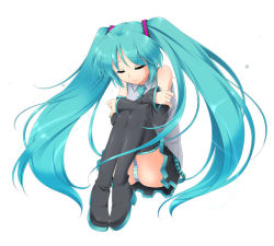Rule 34 | 1girl, aqua hair, boots, closed eyes, crossed arms, detached sleeves, female focus, fetal position, full body, hatsune miku, long hair, manji taba, necktie, panties, pantyshot, plantar flexion, simple background, sitting, skirt, solo, striped clothes, striped panties, thigh boots, thighhighs, twintails, underwear, very long hair, vocaloid, white background