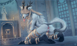 Rule 34 | 1girl, altar, antlers, anus, ass, bloodborne, breasts, candelabra, candle, candlestand, claws, furry, furry female, grey fur, grey hair, highres, horns, kneeling, looking at viewer, looking back, medium breasts, monster, monster girl, nipples, pinktaco, pussy, solo, tail, tongue, tongue out, veil, veil over eyes, vicar amelia