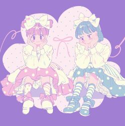 Rule 34 | 2girls, :o, asymmetrical legwear, black eyes, blue bow, blue footwear, blue hair, blue skirt, blunt bangs, blush stickers, bow, bow legwear, bow print, bowtie, buttons, chinese commentary, closed mouth, collared shirt, commentary request, double bun, frilled shirt collar, frilled skirt, frills, full body, hair bow, hair bun, hands on own cheeks, hands on own face, highres, kneehighs, lace-trimmed socks, long sleeves, looking at viewer, looking down, mary janes, miniskirt, mismatched legwear, multiple girls, original, parted lips, pink bow, pink bowtie, pink footwear, pink hair, pink skirt, polka dot, polka dot skirt, polka dot socks, puffy long sleeves, puffy sleeves, purple background, shirt, shoes, short hair, sitting, skirt, smile, socks, striped clothes, striped socks, very short hair, white bow, white shirt, white sleeves, white socks, yeshisi
