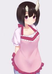 Rule 34 | 1girl, apron, arms behind back, blush, bob cut, breasts, broken horn, brown hair, collarbone, commentary request, eriko (princess connect!), eriko (valentine) (princess connect!), grey background, highres, horns, kanekan, looking at viewer, medium breasts, pink apron, princess connect!, purple eyes, short hair, short sleeves, simple background, smile, solo, split mouth, white background