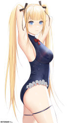 Rule 34 | 1girl, absurdres, adapted costume, azur lane, blonde hair, blue eyes, blue one-piece swimsuit, casual one-piece swimsuit, chinese commentary, commentary request, dead or alive, dead or alive 5, frilled swimsuit, frills, highres, long hair, marie rose, marie rose (devilish servant against the splashing waves), official alternate costume, one-piece swimsuit, simple background, solo, swimsuit, twintails, white background, yuxing yuhang