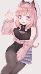 Rule 34 | 1girl, animal ears, animare, bad id, bad twitter id, belt, black pantyhose, black skirt, black sweater, blush, breasts, cardigan, cat ears, cleavage, cleavage cutout, clothing cutout, fang, hat, highres, jewelry, large breasts, long hair, looking at viewer, nanashi inc., necklace, open mouth, pantyhose, pink hair, purple eyes, rippootai, skirt, smile, solo, sweater, umori hinako, unbuttoned, very long hair, virtual youtuber, white hat