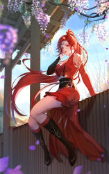 Rule 34 | 1girl, absurdres, bi ting (xia lan), blue sky, closed mouth, dress, falling petals, flower, from below, full body, glint, hand on own face, highres, jianghu chuan bai you jie, long hair, looking at viewer, petals, ponytail, red dress, red eyes, red footwear, red hair, second-party source, sitting, sky, solo, wisteria, xia lan