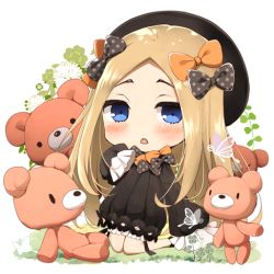Rule 34 | 1girl, abigail williams (fate), black bow, black dress, black hat, blonde hair, bloomers, blue eyes, blush, bow, breasts, chibi, dress, fate/grand order, fate (series), forehead, hair bow, hat, kneeling, kujiran, long hair, looking at viewer, lowres, multiple bows, open mouth, orange bow, parted bangs, polka dot, polka dot bow, ribbed dress, sleeves past fingers, sleeves past wrists, small breasts, stuffed animal, stuffed toy, teddy bear, underwear, white bloomers