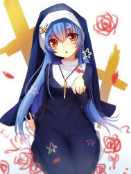 Rule 34 | 1girl, :o, arm support, bad id, bad pixiv id, black dress, blue hair, blue hat, blush, breasts, commentary request, cross, cross necklace, dress, habit, hair between eyes, hat, jewelry, looking at viewer, necklace, neet cangshu, nun, quincy (warship girls r), red eyes, seiza, sitting, small breasts, solo, star (symbol), traditional nun, warship girls r