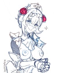 Rule 34 | 1girl, artist name, blush, breasts, breasts out, closed mouth, female focus, flower, gauntlets, genshin impact, hair flower, hair ornament, highres, large breasts, looking at viewer, maid headdress, monochrome, nipples, noelle (genshin impact), nose blush, short hair, simple background, sketch, smile, solo, sooperman, spot color, upper body, white background