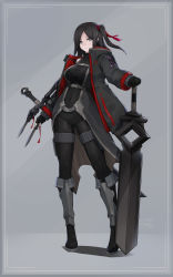 Rule 34 | 1girl, absurdres, aqua eyes, armor, bare shoulders, black gloves, black hair, black jacket, bodysuit, breasts, closed mouth, covered navel, gloves, greaves, highres, holding, holding knife, holding sword, holding weapon, jacket, jiang1274, knife, mechanical arms, medium hair, navel, original, single mechanical arm, solo, standing, sword, tight clothes, turtleneck, weapon
