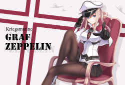 Rule 34 | 10s, 1girl, black gloves, black pantyhose, black skirt, blonde hair, blue eyes, breasts, chair, character name, female focus, german text, gloves, graf zeppelin (kancolle), hat, highres, kantai collection, large breasts, looking at viewer, ltt challenger, md5 mismatch, miniskirt, pantyhose, resolution mismatch, short hair, sitting, skirt, solo, source larger