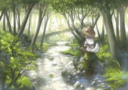 Rule 34 | 1girl, animal ears, basket, pet food, commentary, fishing, forest, gnome, hat, imoman, nature, original, scenery, silver hair, sitting, straw hat, stream, tail, tree