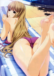 Rule 34 | 00s, 1girl, absurdres, arm support, ass, barefoot, bikini, unworn bikini top, blonde hair, blurry, breasts, brown eyes, brown hair, butt crack, chair, curvy, depth of field, feet, feet up, female focus, foot focus, from above, from behind, highres, ino (magloid), kimihagu, large breasts, legs, light brown hair, long hair, looking at viewer, looking back, lounge chair, lying, on stomach, parted lips, photoshop (medium), pool, poolside, red bikini, sakurano miren, scan, scan artifacts, sideboob, soles, solo, striped, swimsuit, the pose, toe-point, toes, topfreedom, topless, tree shade, trefoil, untied, very long hair, wide hips